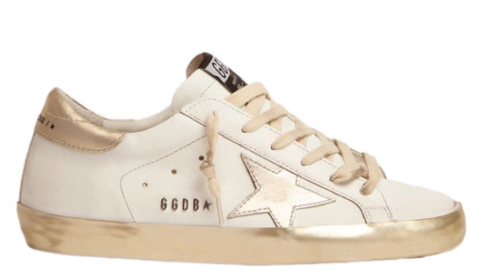 Women's Super-Star with gold sparkle foxing and metal stud lettering