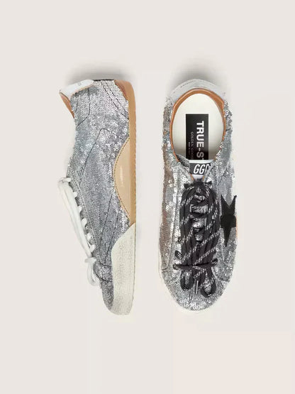 Women's True-Star in silver sequins with black star and silver leather heel tab